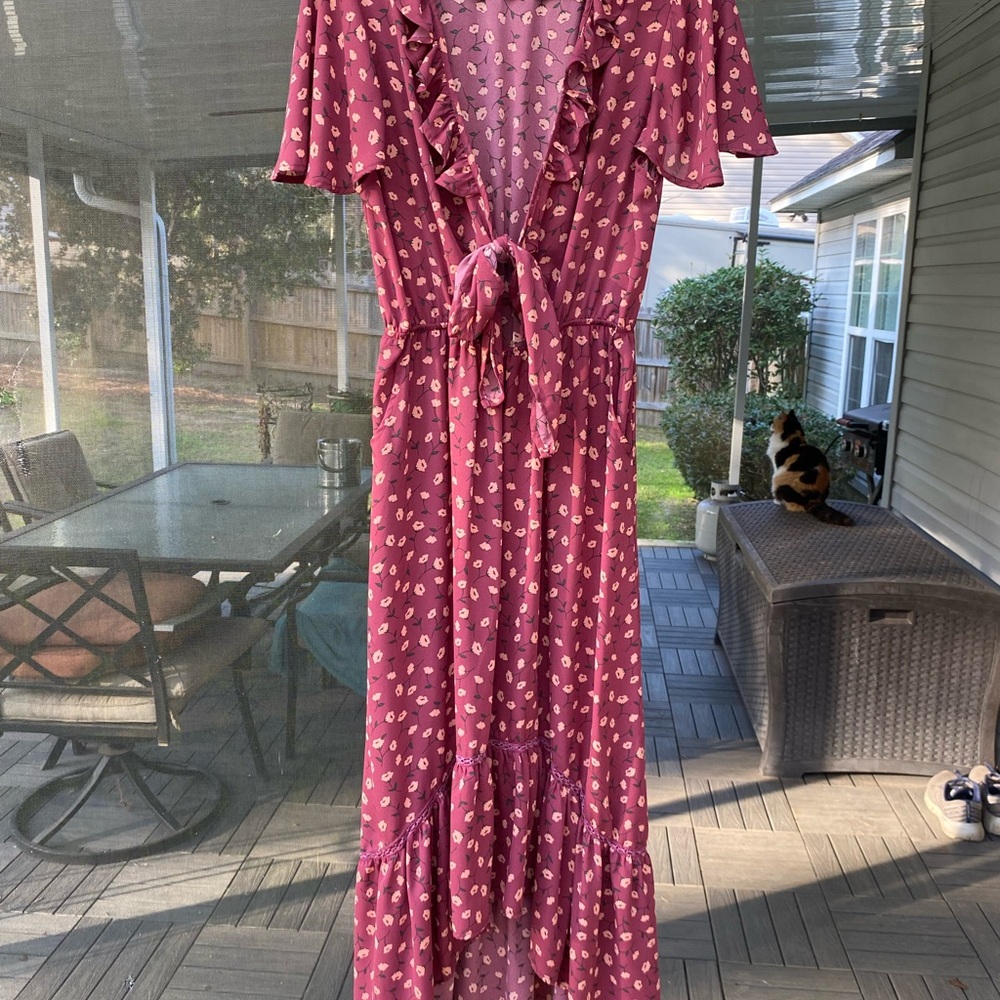 Floral Ruffle Midi Dress in Purple